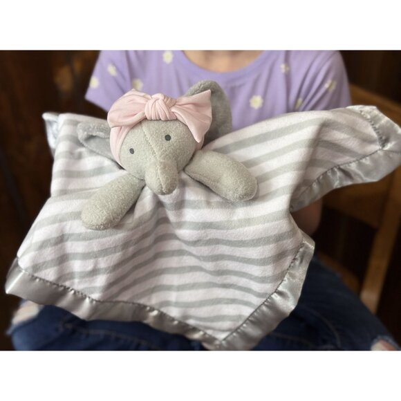 Baby Elephant Security Blanket With Stripes & Pink Bow - Picture 2 of 5